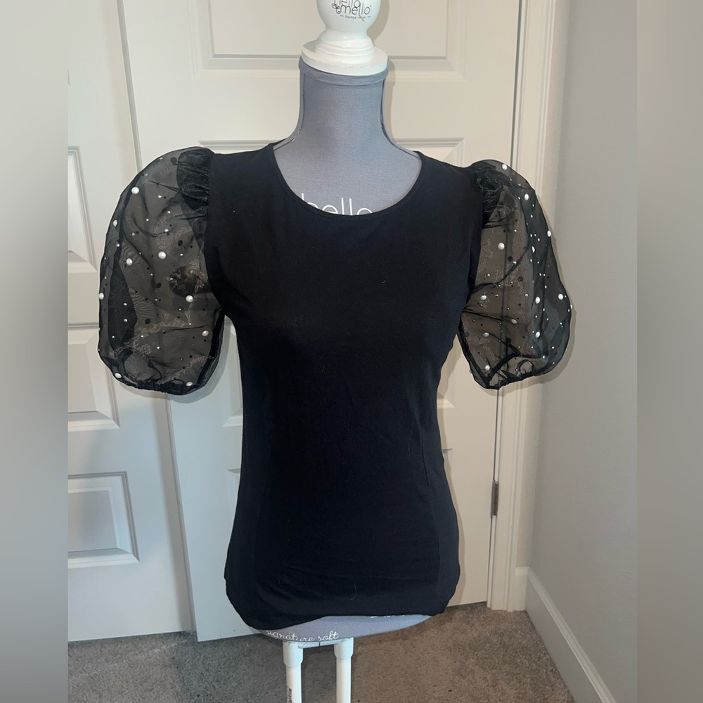 Occasion Black Sheer Puff Sleeve Blouse